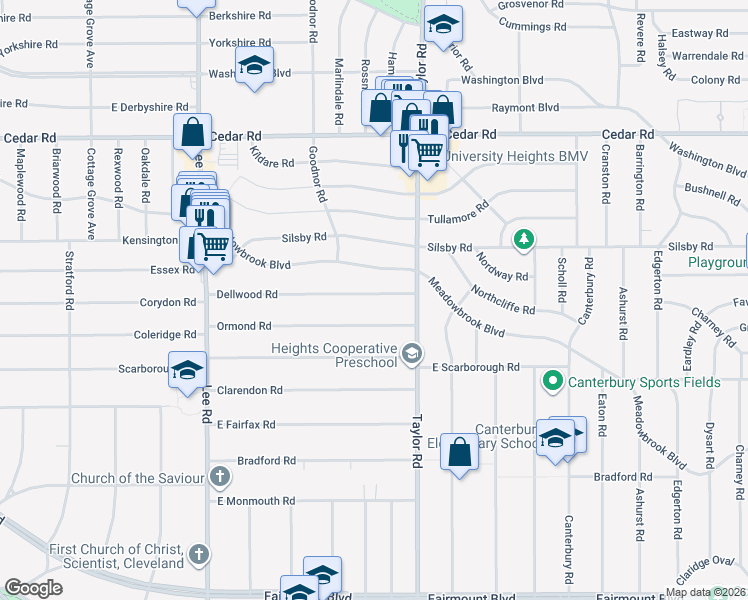 map of restaurants, bars, coffee shops, grocery stores, and more near 3392 Dellwood Road in Cleveland Heights