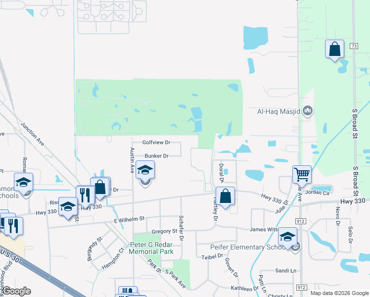 map of restaurants, bars, coffee shops, grocery stores, and more near 1425 Green Court in Schererville