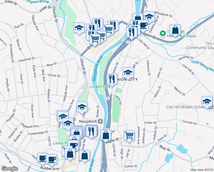 map of restaurants, bars, coffee shops, grocery stores, and more near 6 Curtiss Street in Naugatuck