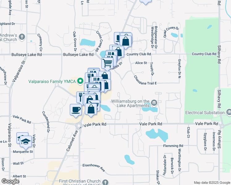 map of restaurants, bars, coffee shops, grocery stores, and more near 3019 Columbine Circle in Valparaiso