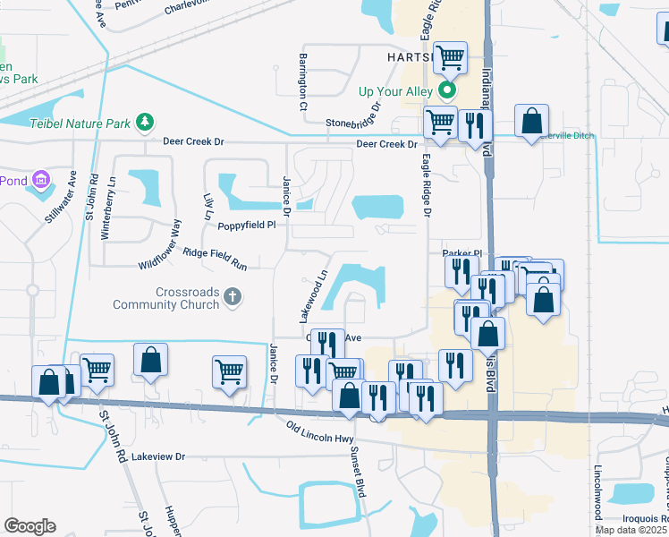 map of restaurants, bars, coffee shops, grocery stores, and more near 1455 Lakewood Lane in Schererville