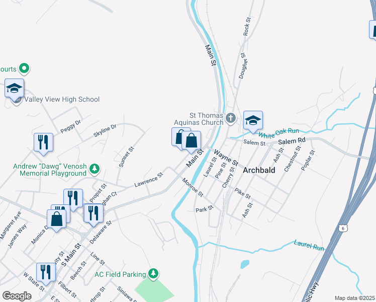 map of restaurants, bars, coffee shops, grocery stores, and more near 406 Academy Street in Archbald