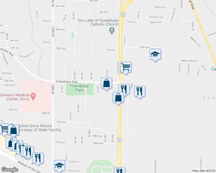 map of restaurants, bars, coffee shops, grocery stores, and more near 1600 Crosstown Avenue in Silvis