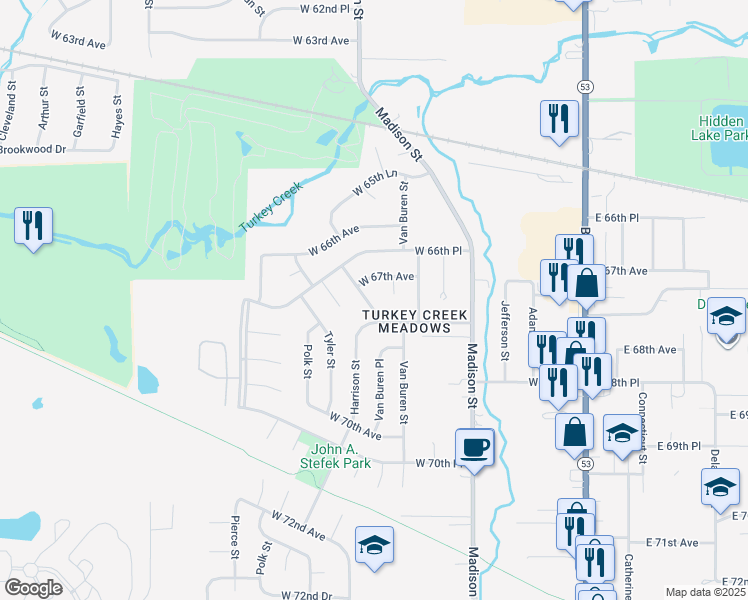 map of restaurants, bars, coffee shops, grocery stores, and more near 6735 Van Buren Place in Merrillville