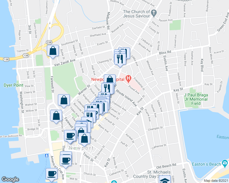 map of restaurants, bars, coffee shops, grocery stores, and more near 207 Broadway in Newport