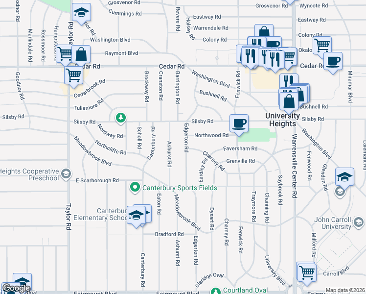 map of restaurants, bars, coffee shops, grocery stores, and more near 2332 Edgerton Road in University Heights