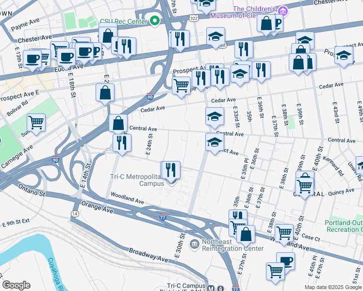 map of restaurants, bars, coffee shops, grocery stores, and more near 2726 Central Avenue in Cleveland