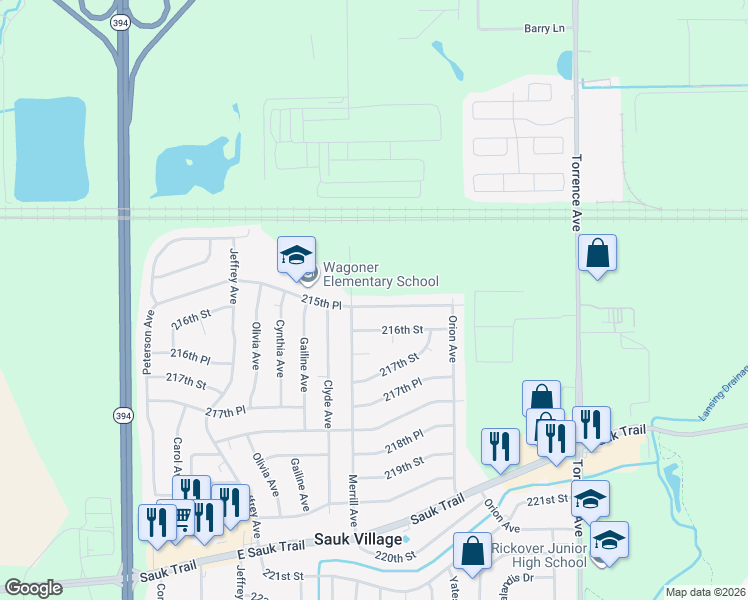 map of restaurants, bars, coffee shops, grocery stores, and more near 2023 215th Place in Sauk Village