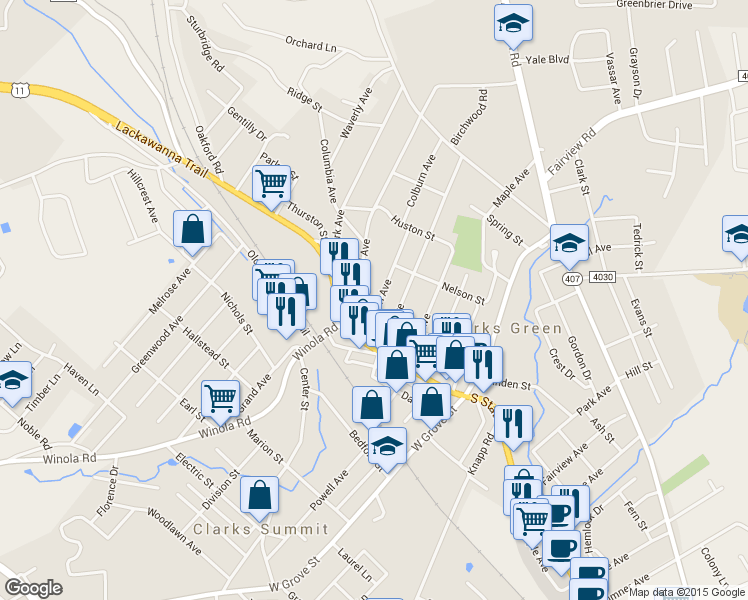map of restaurants, bars, coffee shops, grocery stores, and more near 205 Colburn Ave in Clarks Summit