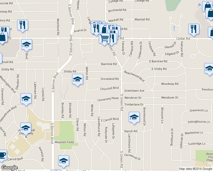 map of restaurants, bars, coffee shops, grocery stores, and more near 4433 Churchill Boulevard in University Heights