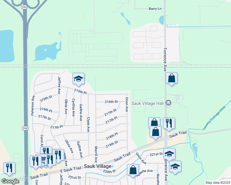 map of restaurants, bars, coffee shops, grocery stores, and more near 2111 215th Place in Sauk Village