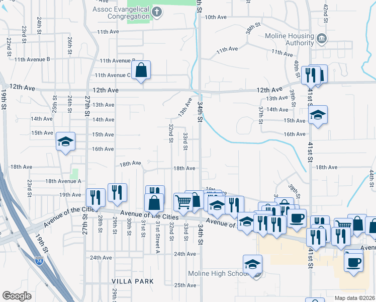 map of restaurants, bars, coffee shops, grocery stores, and more near 1624 33rd Street in Moline
