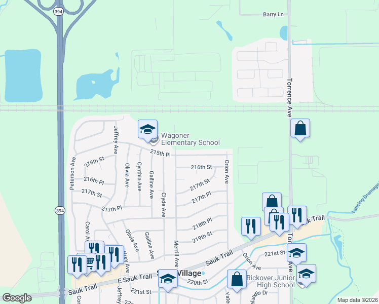 map of restaurants, bars, coffee shops, grocery stores, and more near 2023 215th Place in Sauk Village