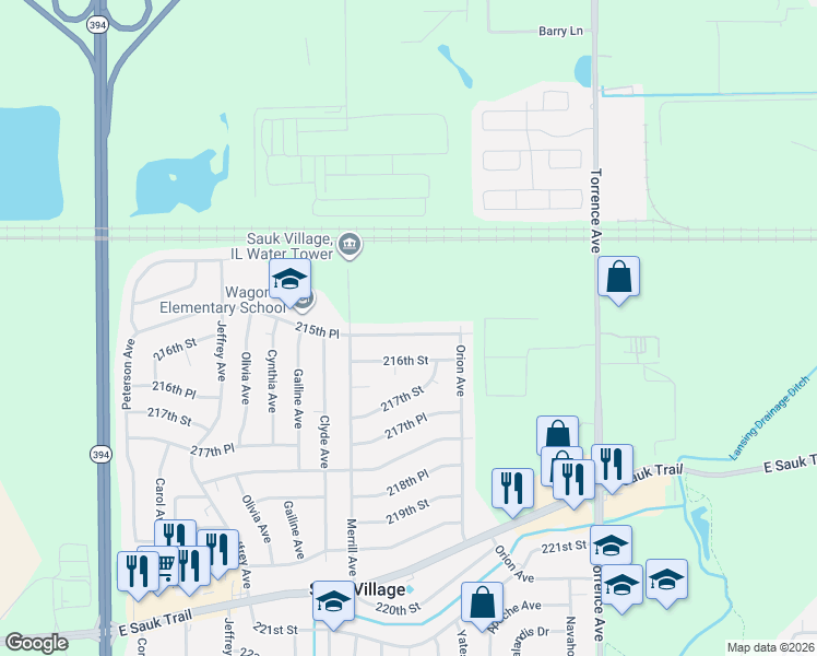 map of restaurants, bars, coffee shops, grocery stores, and more near 2059 215th Place in Sauk Village