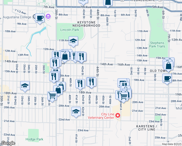 map of restaurants, bars, coffee shops, grocery stores, and more near 1433 43rd Street in Rock Island