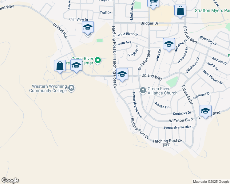 map of restaurants, bars, coffee shops, grocery stores, and more near 2165 Hitching Post Drive in Green River