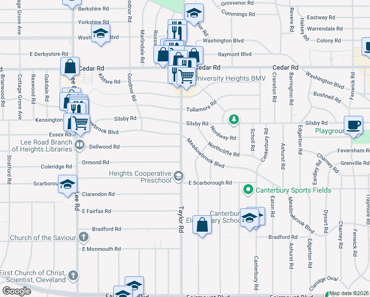 map of restaurants, bars, coffee shops, grocery stores, and more near 3432 Dellwood Road in Cleveland Heights