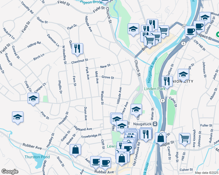 map of restaurants, bars, coffee shops, grocery stores, and more near 38 Woodlawn Avenue in Naugatuck