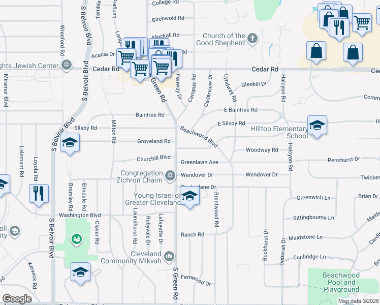 map of restaurants, bars, coffee shops, grocery stores, and more near 23110 East Groveland Road in Beachwood