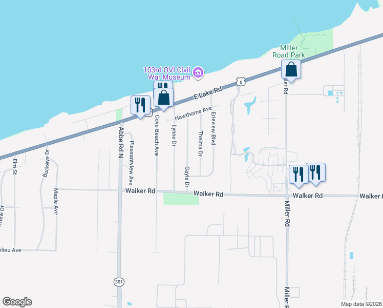 map of restaurants, bars, coffee shops, grocery stores, and more near 327 Gayle Dr in Sheffield Lake
