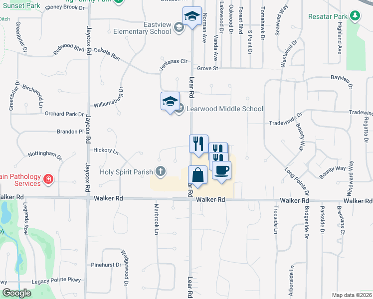 map of restaurants, bars, coffee shops, grocery stores, and more near 370 Lear Road in Avon Lake