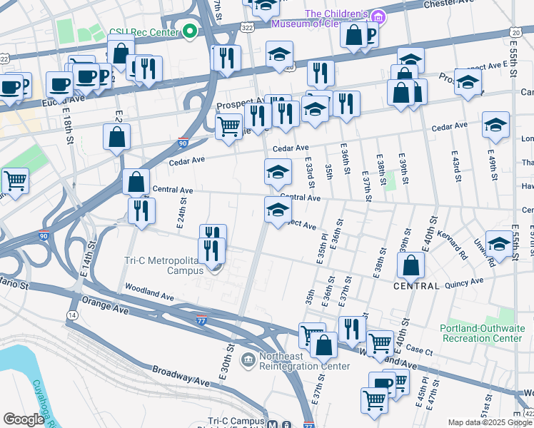 map of restaurants, bars, coffee shops, grocery stores, and more near East 30th Street in Cleveland