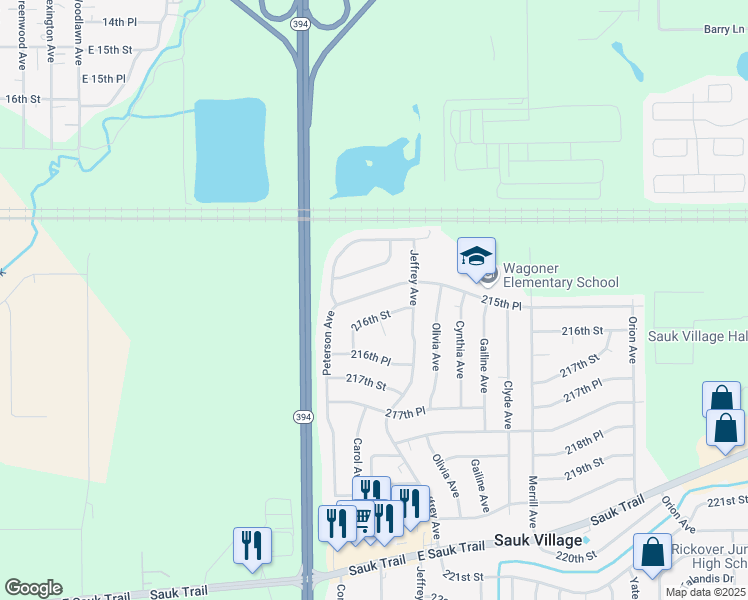 map of restaurants, bars, coffee shops, grocery stores, and more near 1620 215th Place in Sauk Village
