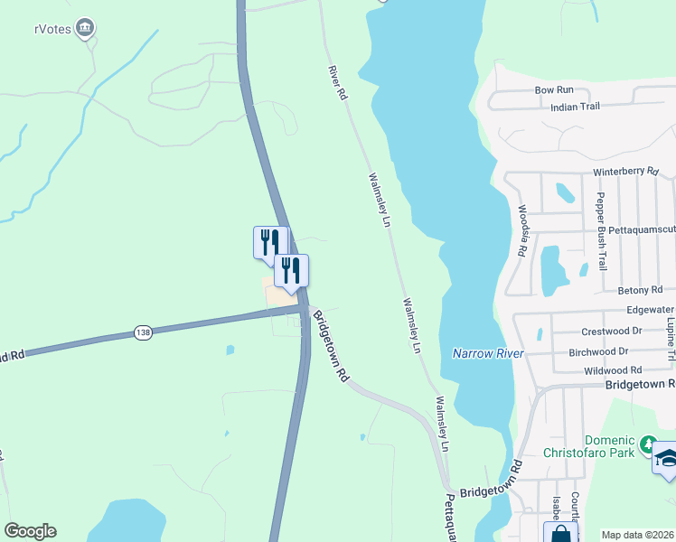map of restaurants, bars, coffee shops, grocery stores, and more near 23 Bridge View Court in South Kingstown