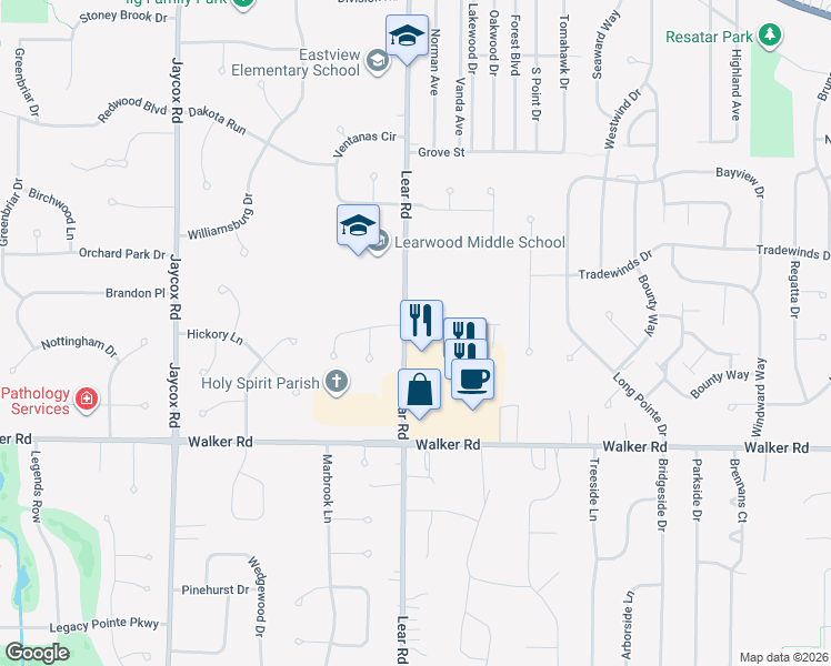 map of restaurants, bars, coffee shops, grocery stores, and more near 370 Lear Road in Avon Lake