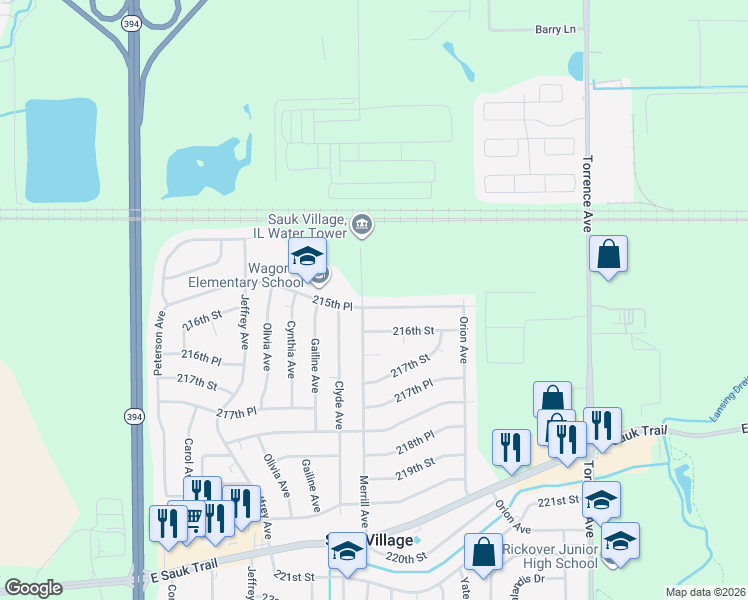 map of restaurants, bars, coffee shops, grocery stores, and more near 2023 215th Place in Sauk Village