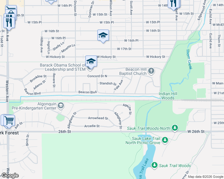map of restaurants, bars, coffee shops, grocery stores, and more near 352 Beacon Boulevard in Chicago Heights