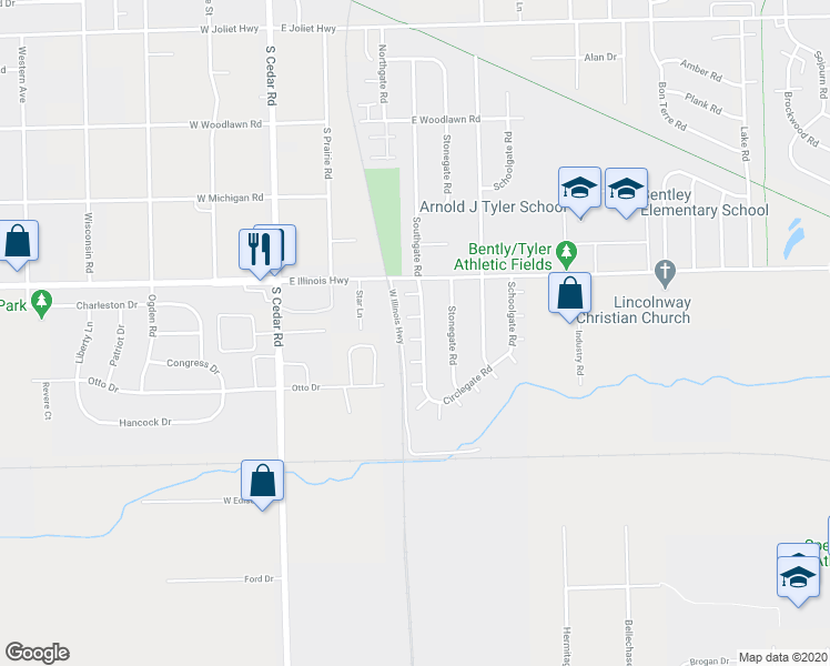 map of restaurants, bars, coffee shops, grocery stores, and more near 1039 Southgate Road in New Lenox