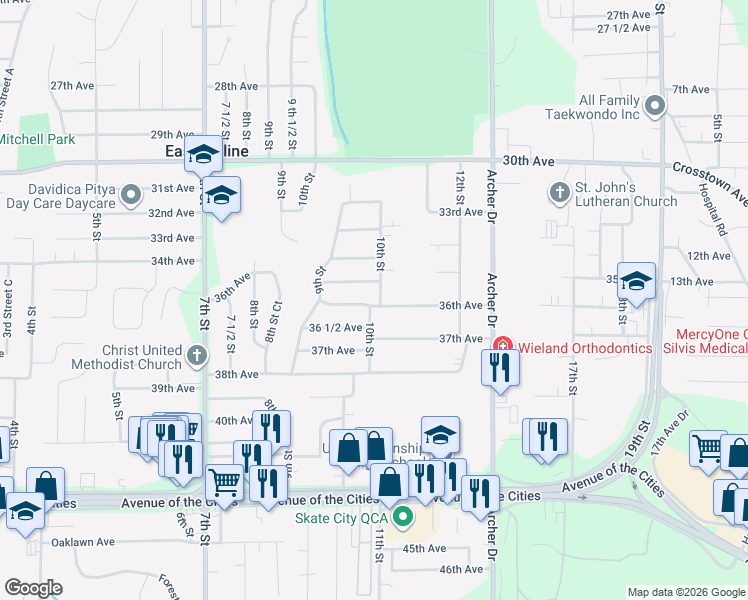 map of restaurants, bars, coffee shops, grocery stores, and more near 1011 36th Ave in East Moline