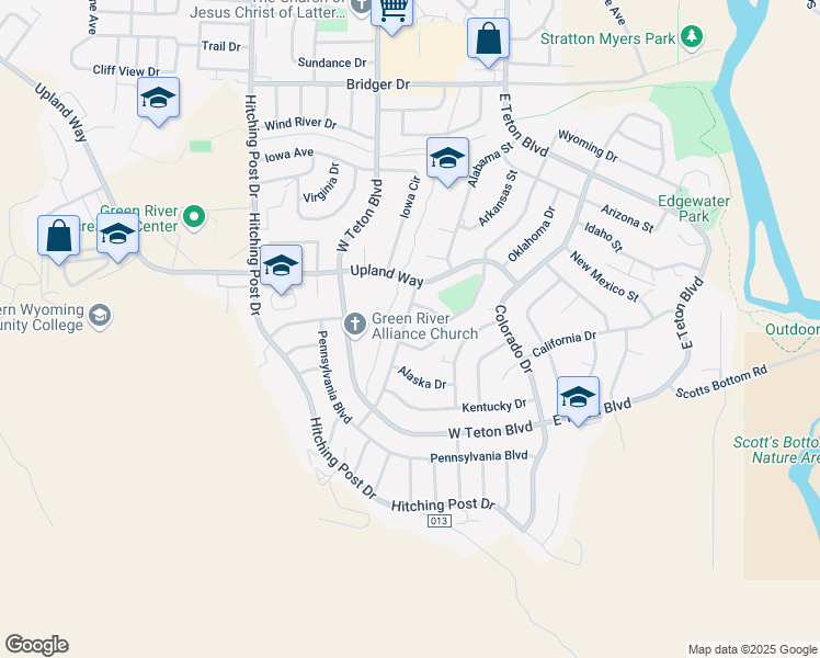 map of restaurants, bars, coffee shops, grocery stores, and more near 2210 Mississippi Street in Green River