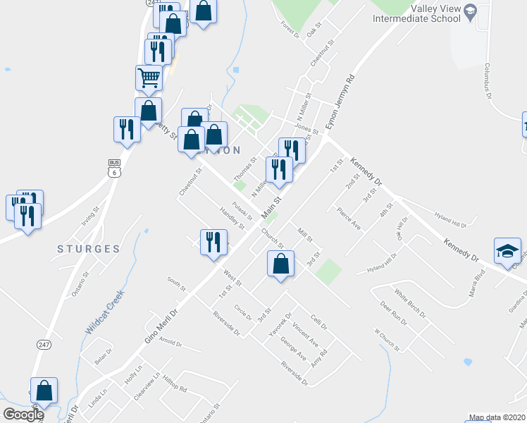 map of restaurants, bars, coffee shops, grocery stores, and more near 423 Main Street in Archbald