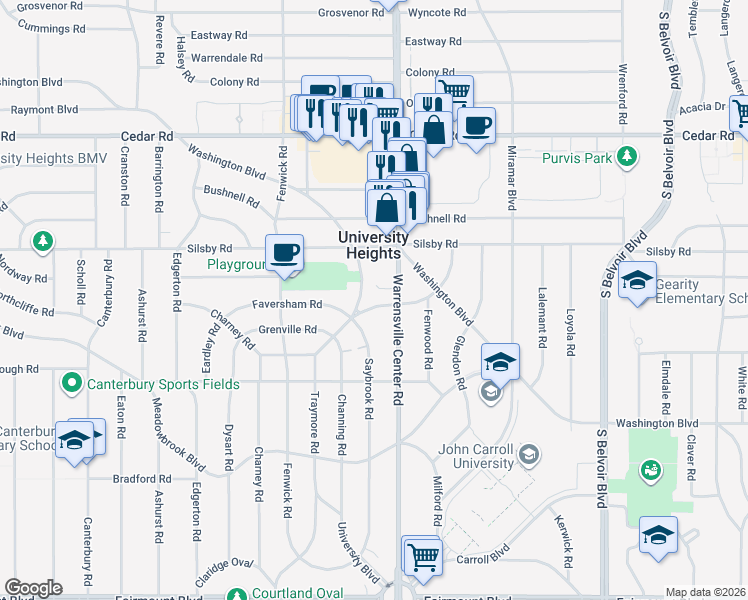 map of restaurants, bars, coffee shops, grocery stores, and more near 2326 Traymore Road in University Heights