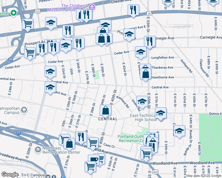 map of restaurants, bars, coffee shops, grocery stores, and more near 3900 Central Avenue in Cleveland