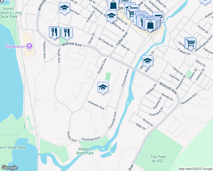 map of restaurants, bars, coffee shops, grocery stores, and more near 10 Education Drive in Beacon
