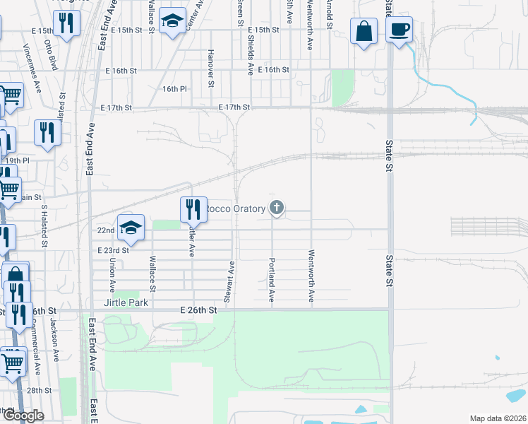 map of restaurants, bars, coffee shops, grocery stores, and more near 2100 Portland Ave in Chicago Heights