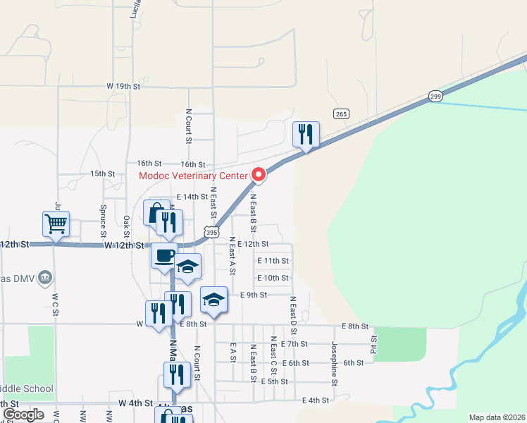 map of restaurants, bars, coffee shops, grocery stores, and more near 2 North East B Street in Alturas
