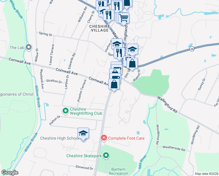 map of restaurants, bars, coffee shops, grocery stores, and more near 219 South Main Street in Cheshire