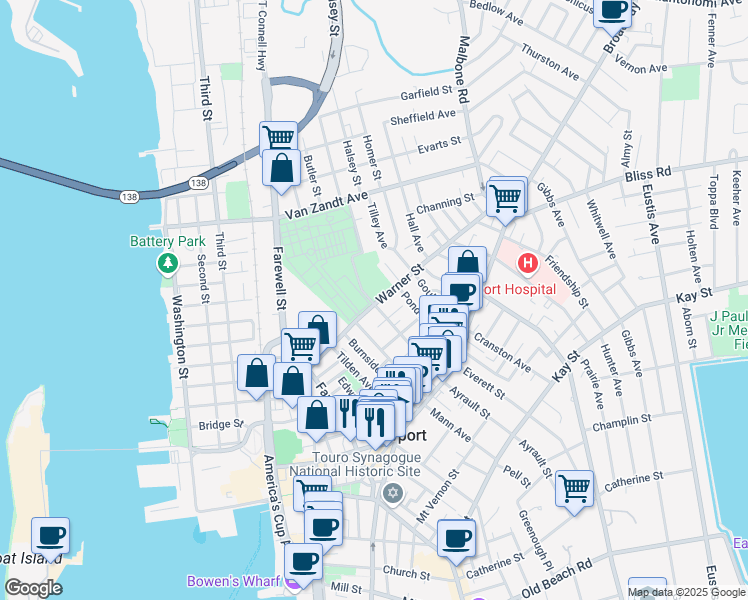 map of restaurants, bars, coffee shops, grocery stores, and more near 44 Warner Street in Newport