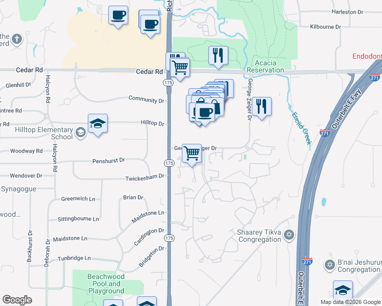 map of restaurants, bars, coffee shops, grocery stores, and more near 11 Saratoga Court in Beachwood
