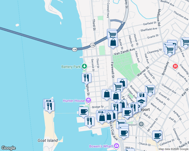 map of restaurants, bars, coffee shops, grocery stores, and more near 19 Cherry Street in Newport