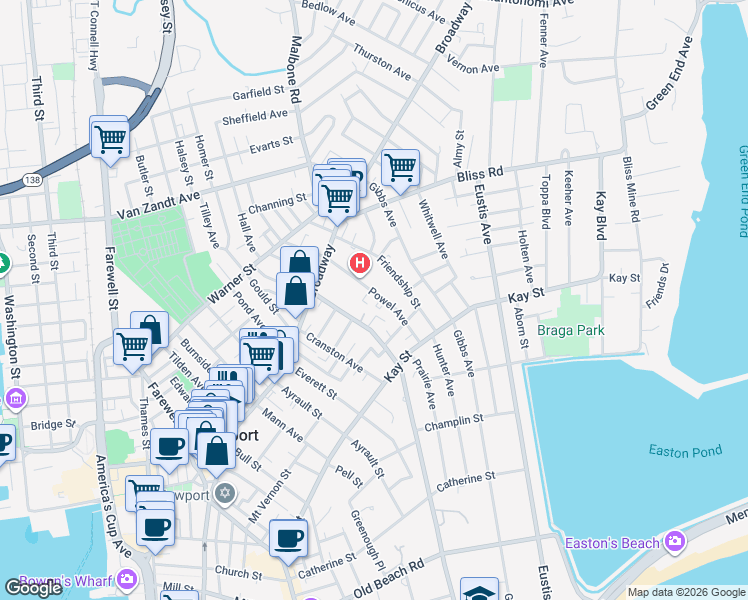 map of restaurants, bars, coffee shops, grocery stores, and more near 31 Powel Avenue in Newport