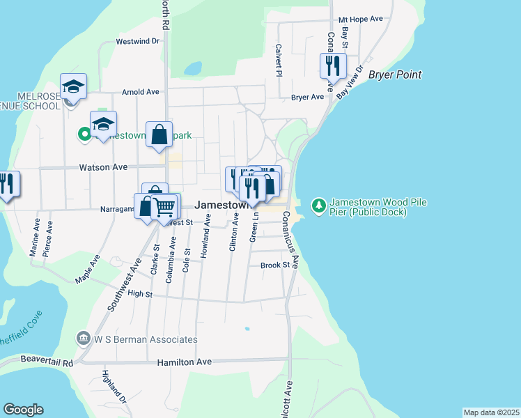 map of restaurants, bars, coffee shops, grocery stores, and more near 19 Narragansett Avenue in Jamestown