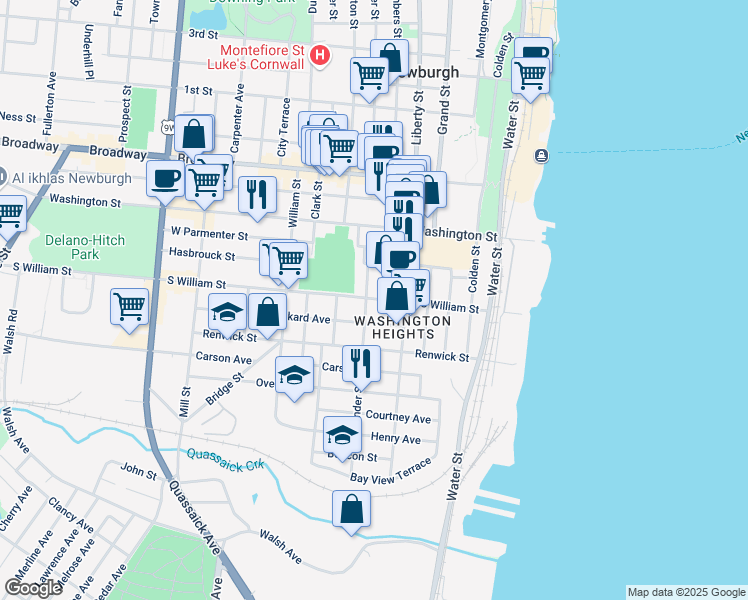 map of restaurants, bars, coffee shops, grocery stores, and more near 35 South Lander Street in Newburgh