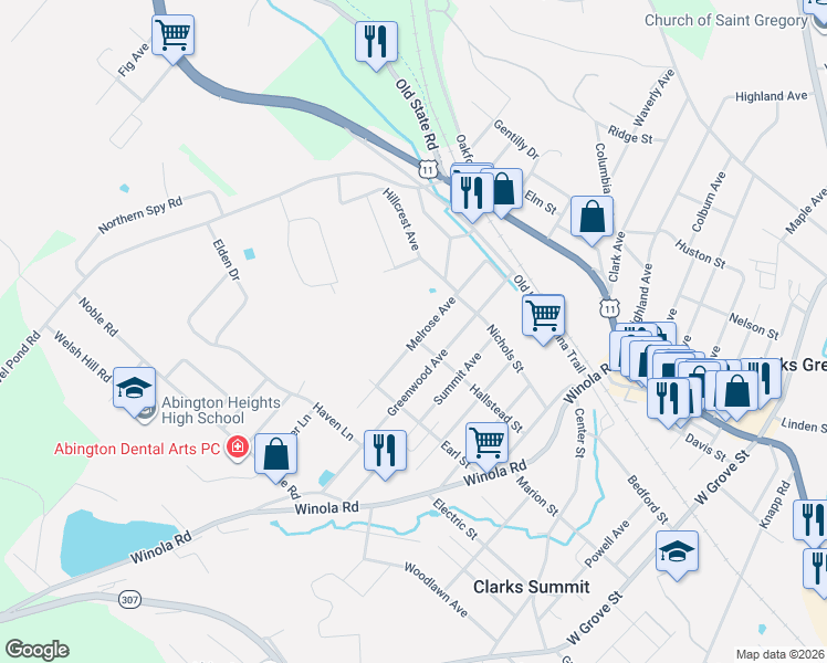 map of restaurants, bars, coffee shops, grocery stores, and more near 315-399 Melrose Avenue in Clarks Summit