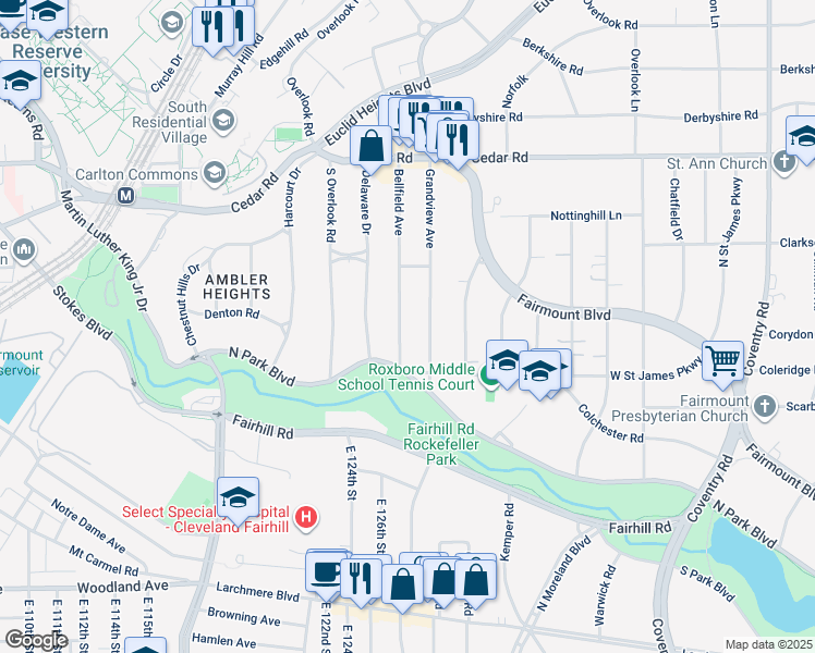 map of restaurants, bars, coffee shops, grocery stores, and more near 2333 Bellfield Avenue in Cleveland Heights