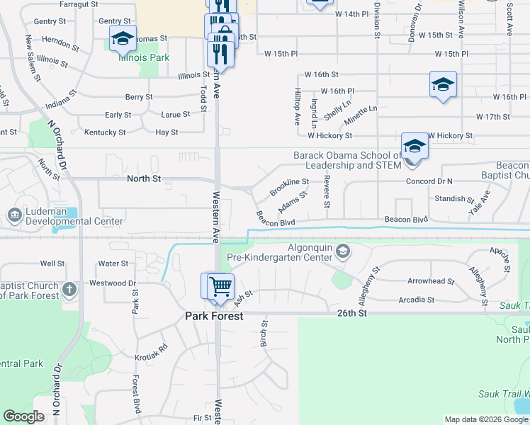 map of restaurants, bars, coffee shops, grocery stores, and more near 1946 Beacon Boulevard in Chicago Heights